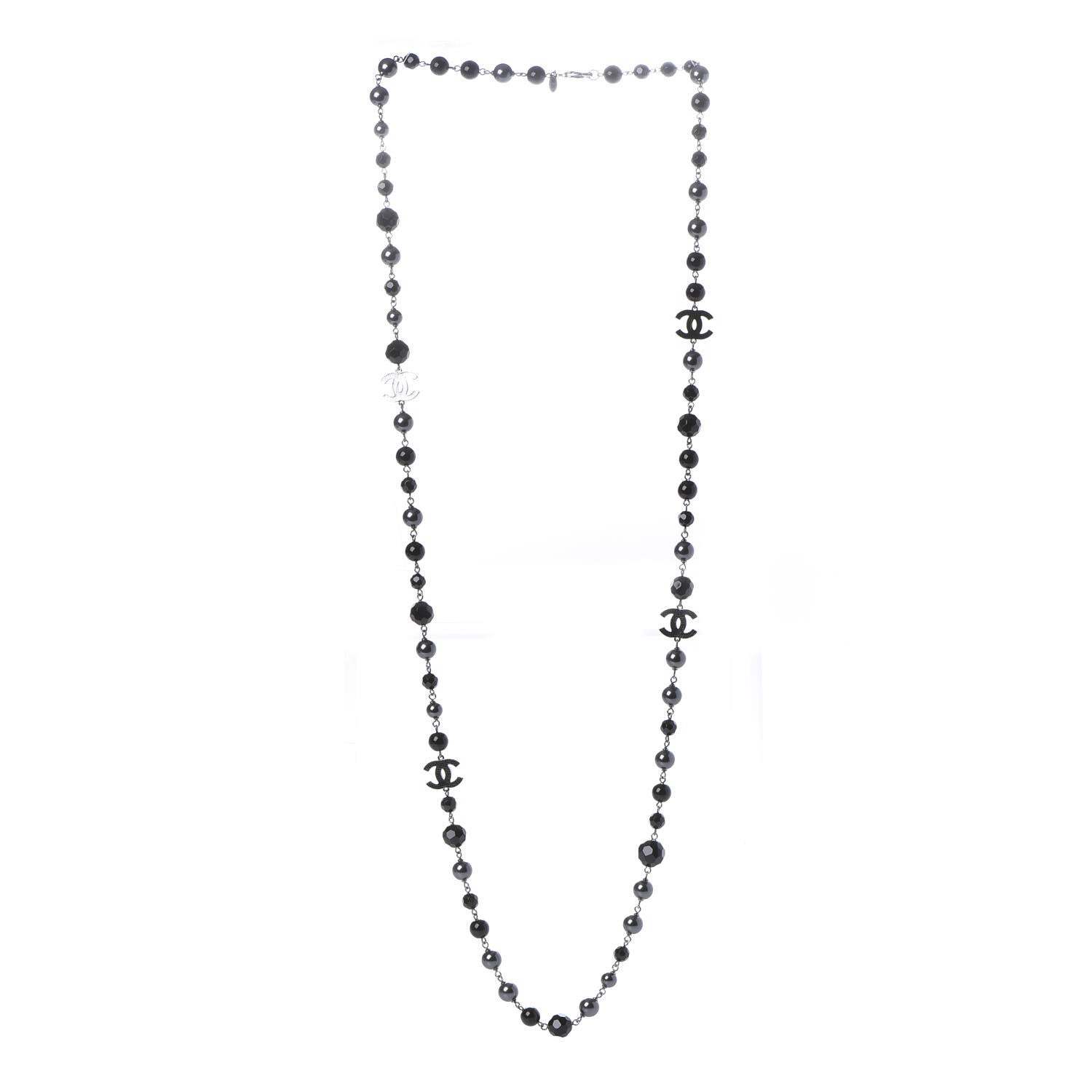 Chanel Pearl Beaded CC Long Necklace Silver Black 3 of 7