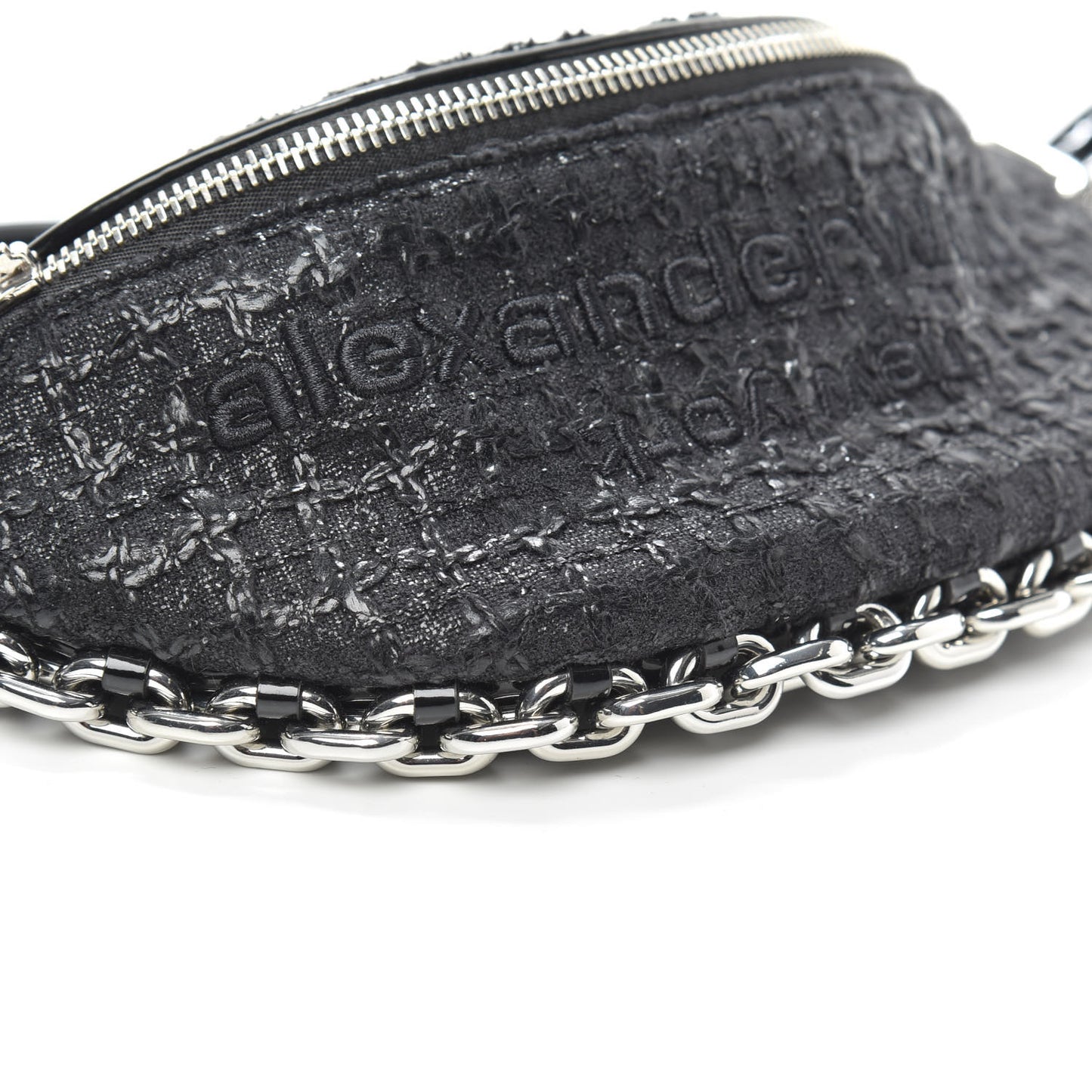 Patent Tweed Chain Embellished Attica Belt Bag Black