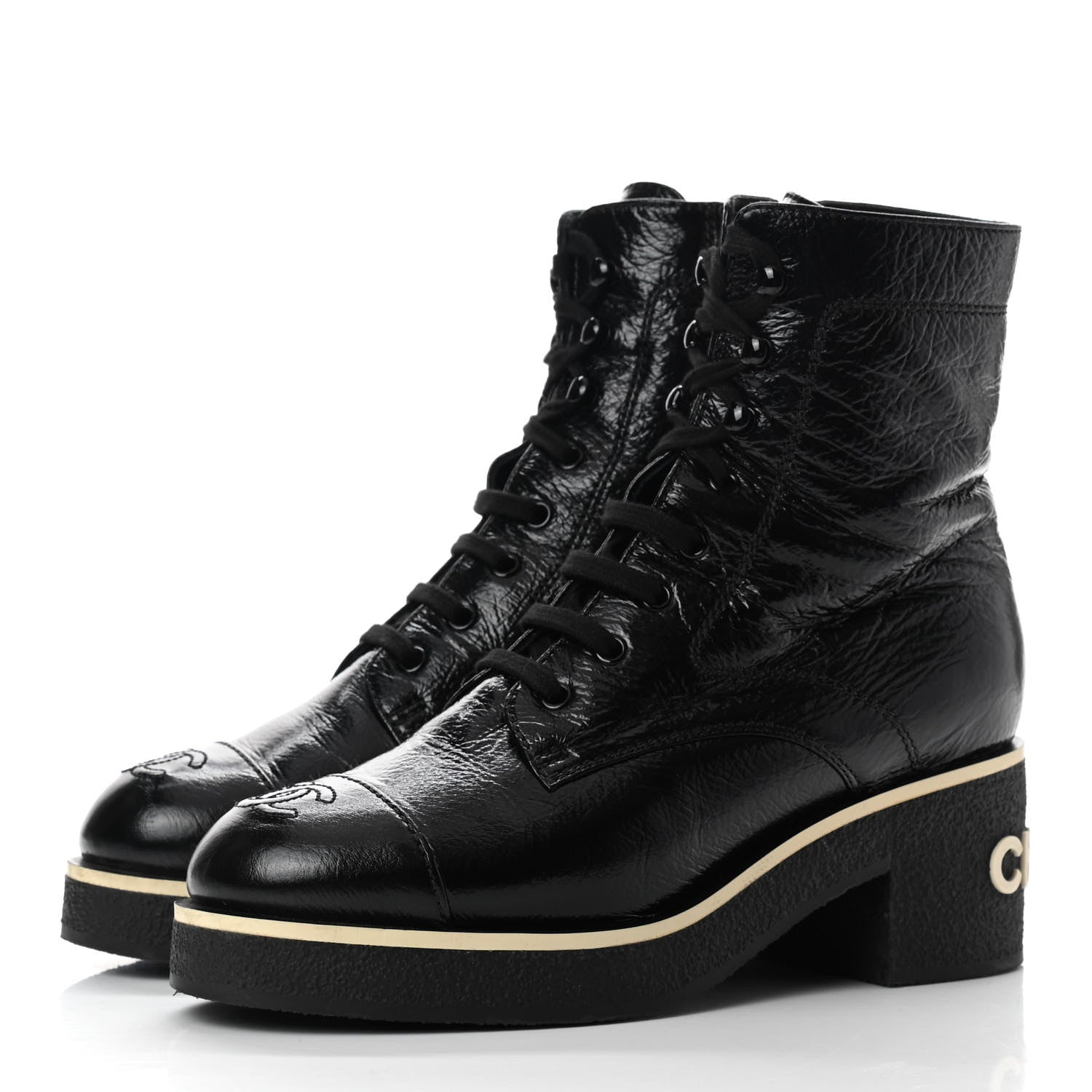 Chanel Shiny Crumpled Lambskin Lace Up Combat Boots 37.5 Black 3 of 9