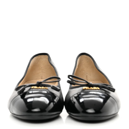 Prada Nappa Vernice Cap Toe Logo Bow Ballerina Flats 35 Black 2 of 14