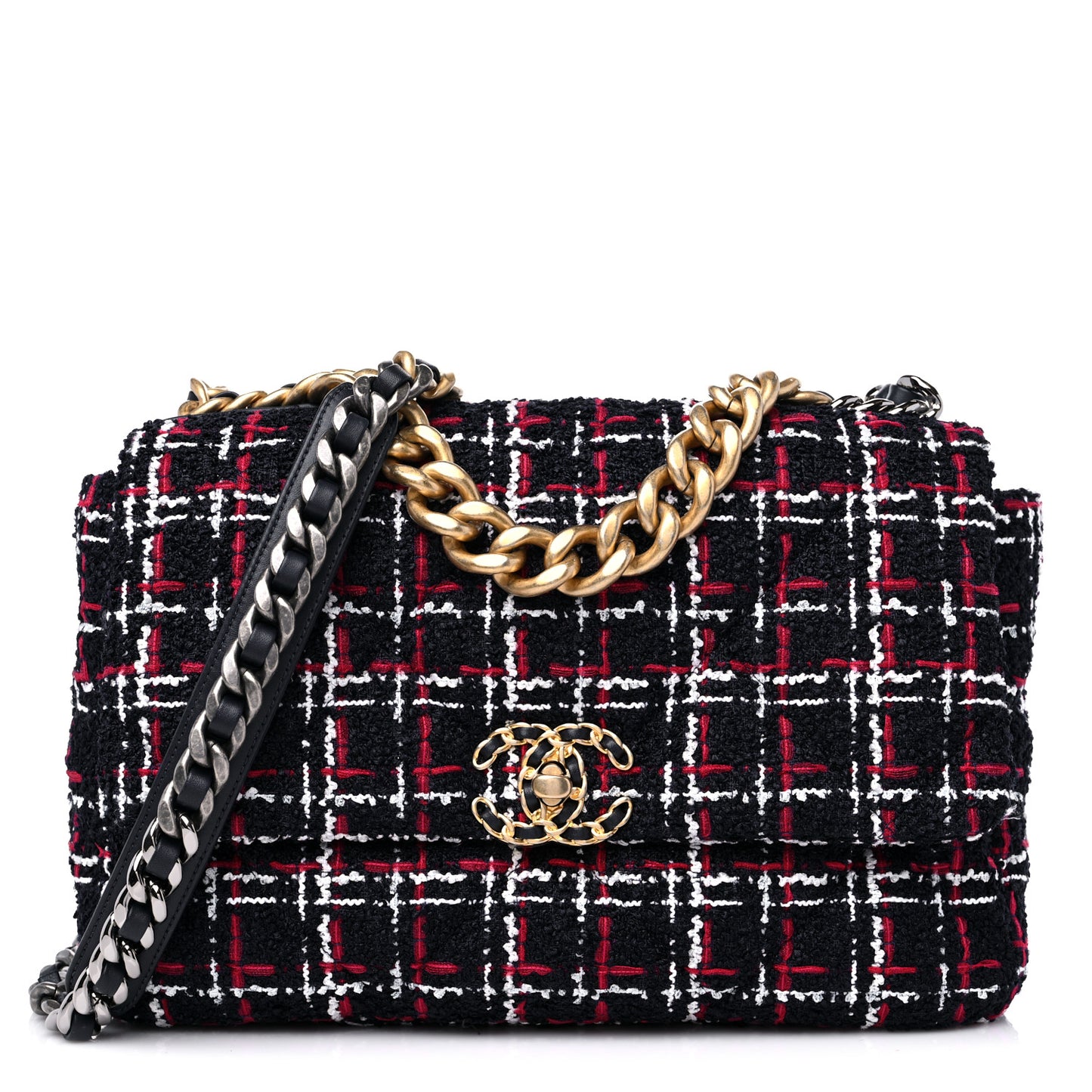 Tweed Quilted Medium Chanel 19 Flap Navy Blue White Red