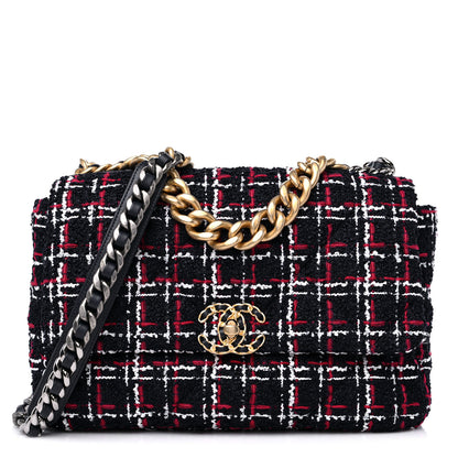 Chanel Tweed Quilted Medium Chanel 19 Flap Navy Blue White Red 1 of 10