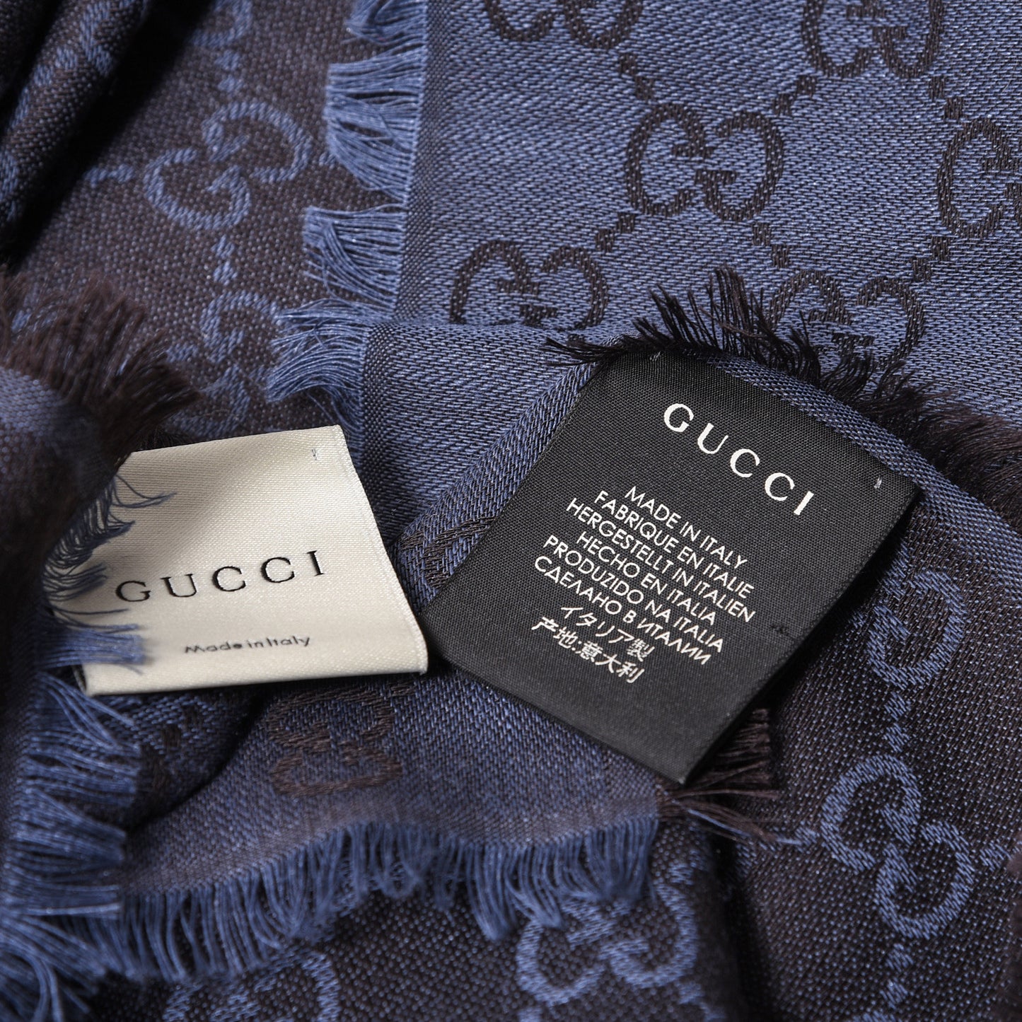 Wool Silk Monogram GGWeb Fringe Shawl Navy Blue