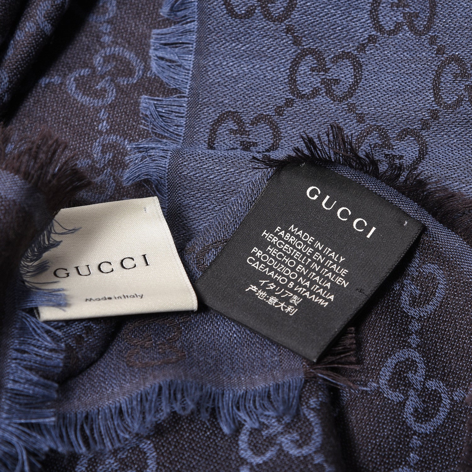 Gucci Wool Silk Monogram GGWeb Fringe Shawl Navy Blue 3 of 3