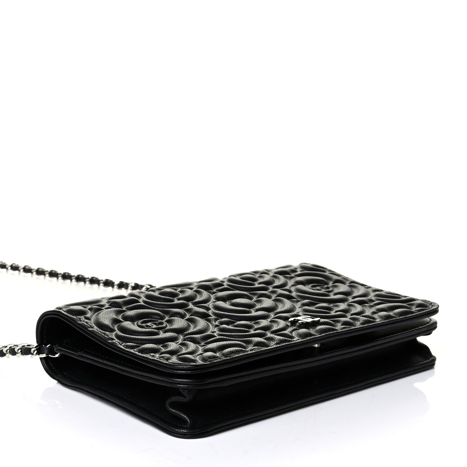 Chanel Lambskin Camellia Embossed Wallet on Chain WOC Black 3 of 4