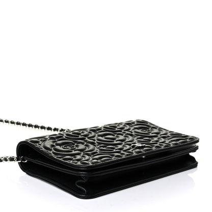 Chanel Lambskin Camellia Embossed Wallet on Chain WOC Black 3 of 4