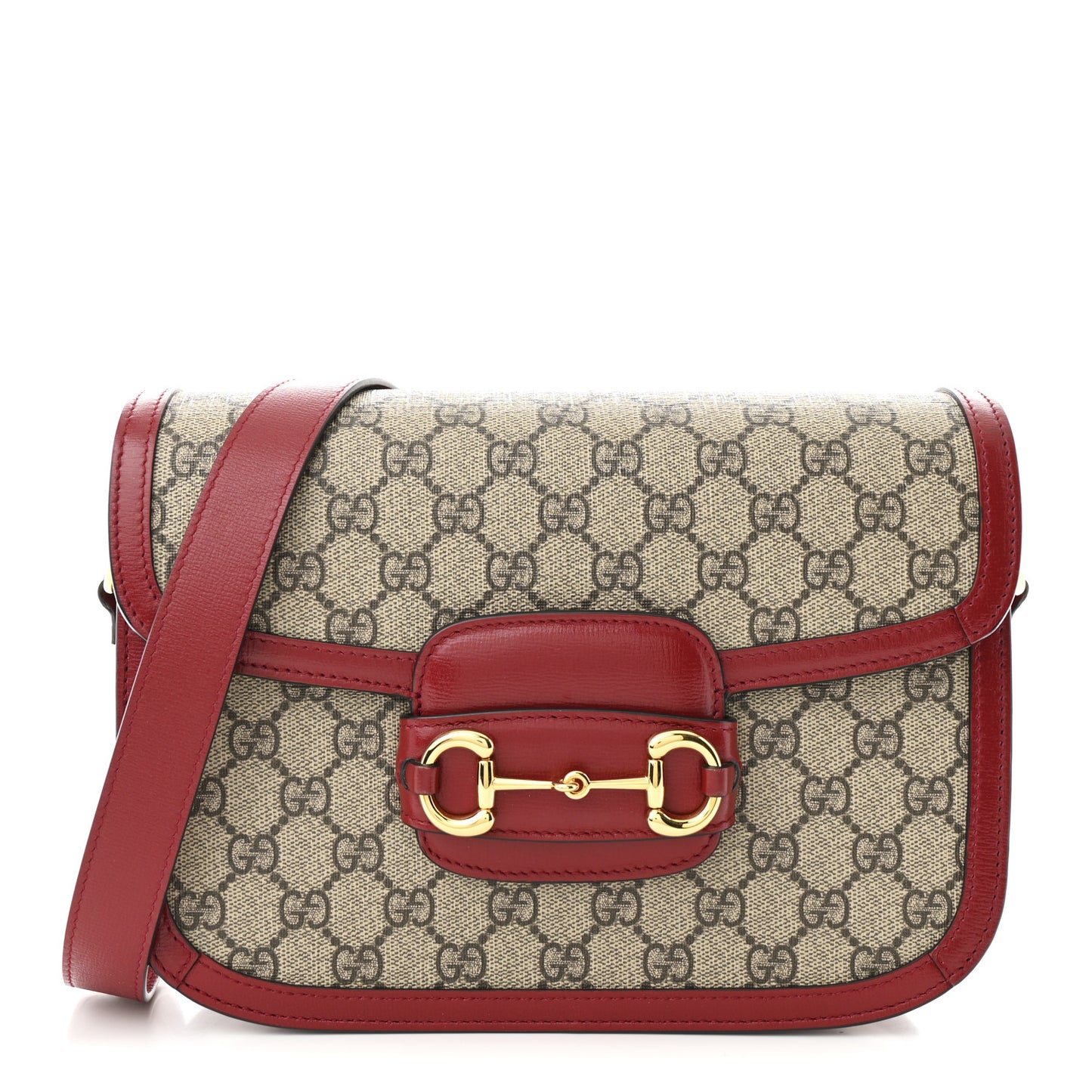 GG Supreme Monogram Azalea Calfskin Horsebit 1955 Shoulder Bag Beige Ebony New Cherry Red