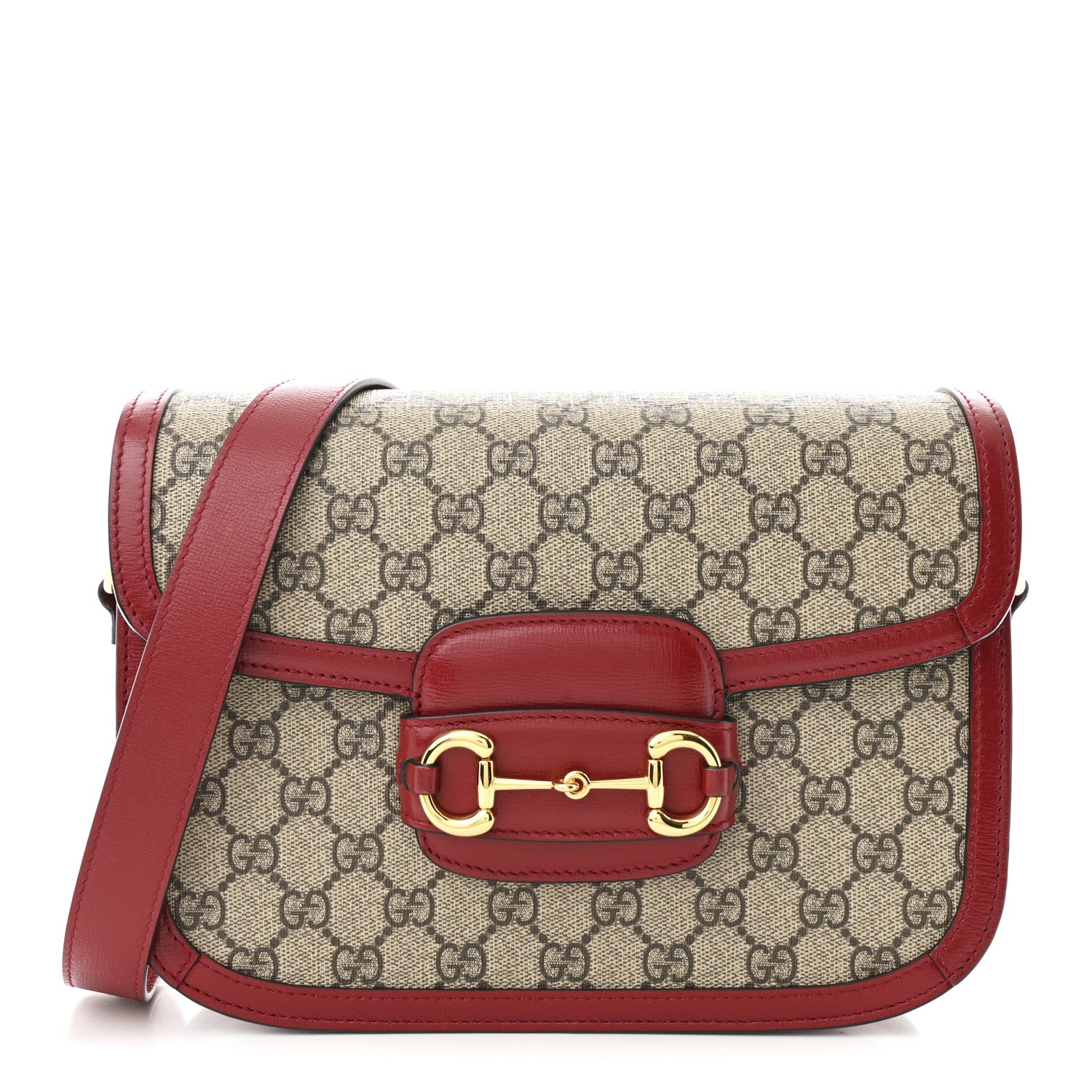 Gucci GG Supreme Monogram Azalea Calfskin Horsebit 1955 Shoulder Bag Beige Ebony New Cherry Red 1 of 10