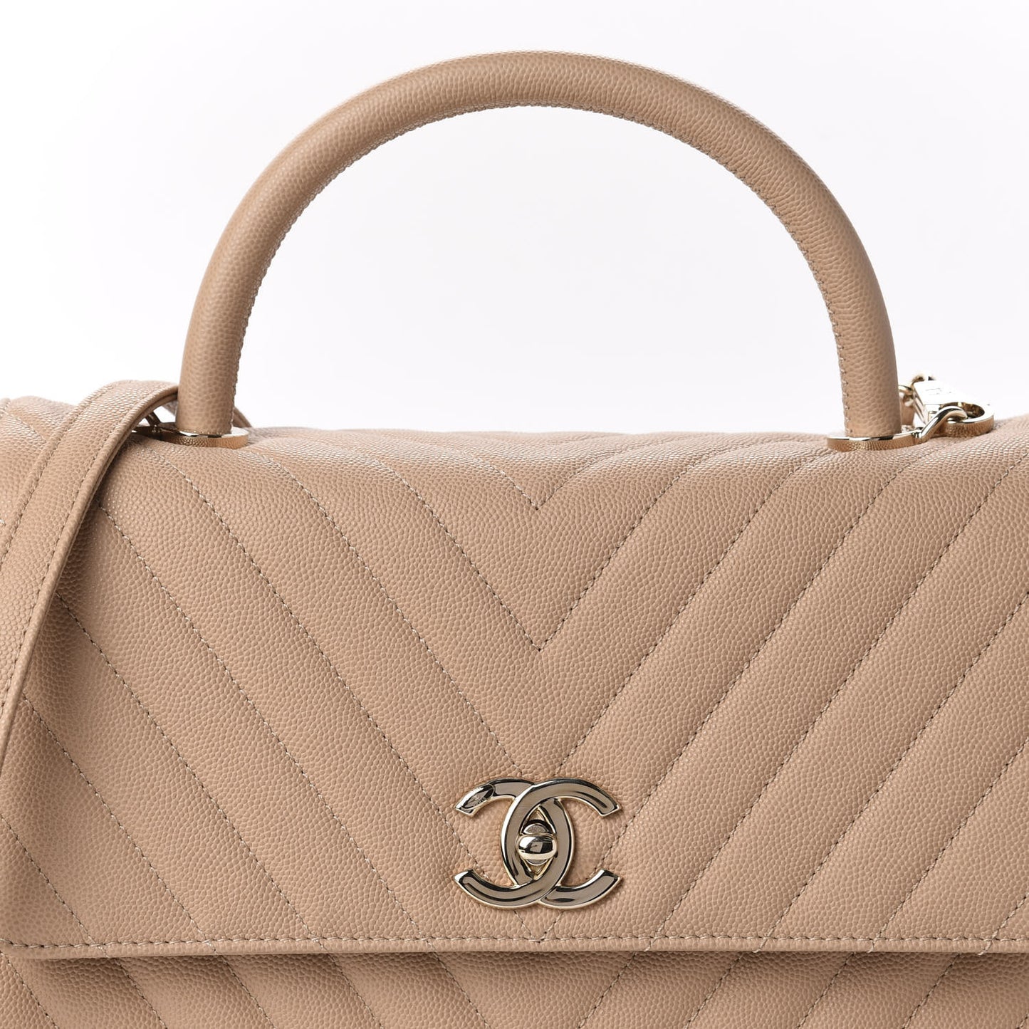 Caviar Chevron Quilted Small Coco Handle Flap Beige