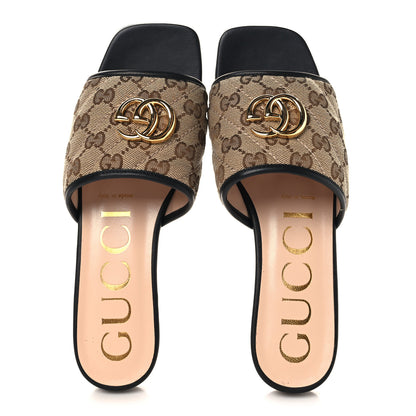 Gucci Monogram Matelasse Diagonal GG Marmont Flat Slide Sandals 37.5 Beige Ebony Black 2 of 10