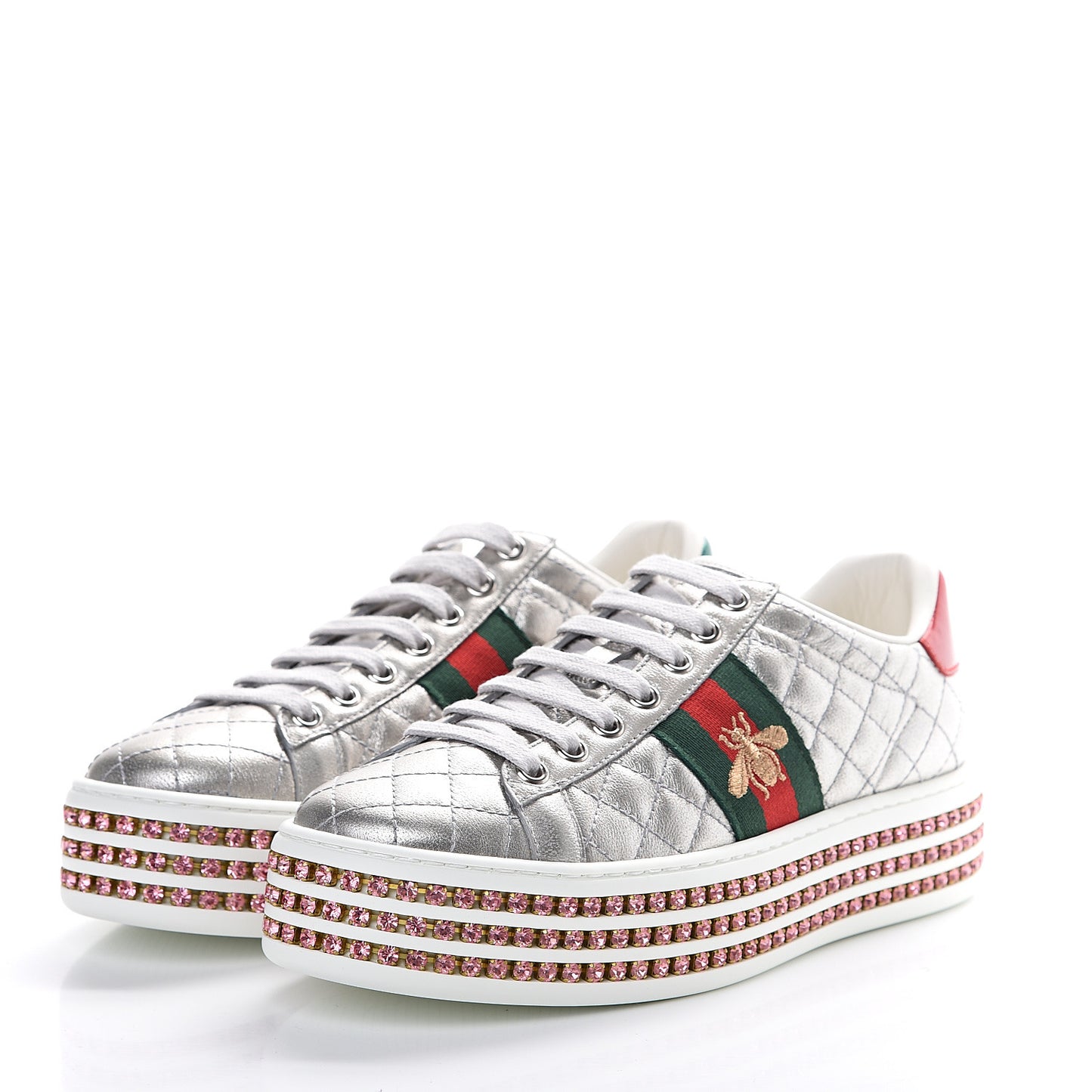 Laminated Nappa Crystal Web Bee Embroidered Trapuntata Womens Ace Platform Sneakers 36.5 Argento