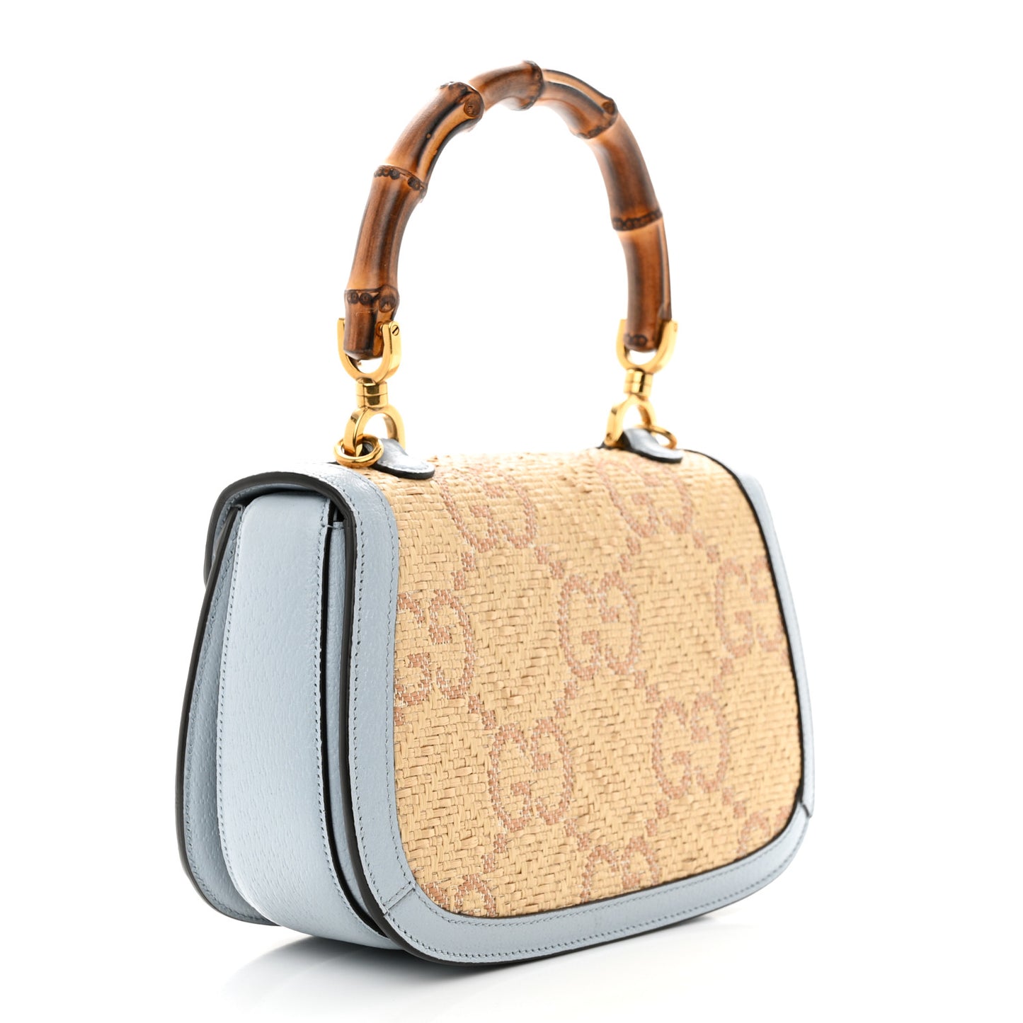Raffia Textured Dollar Calfskin GG Monogram Small Bamboo 1947 Top Handle Bag Light Blue Natural