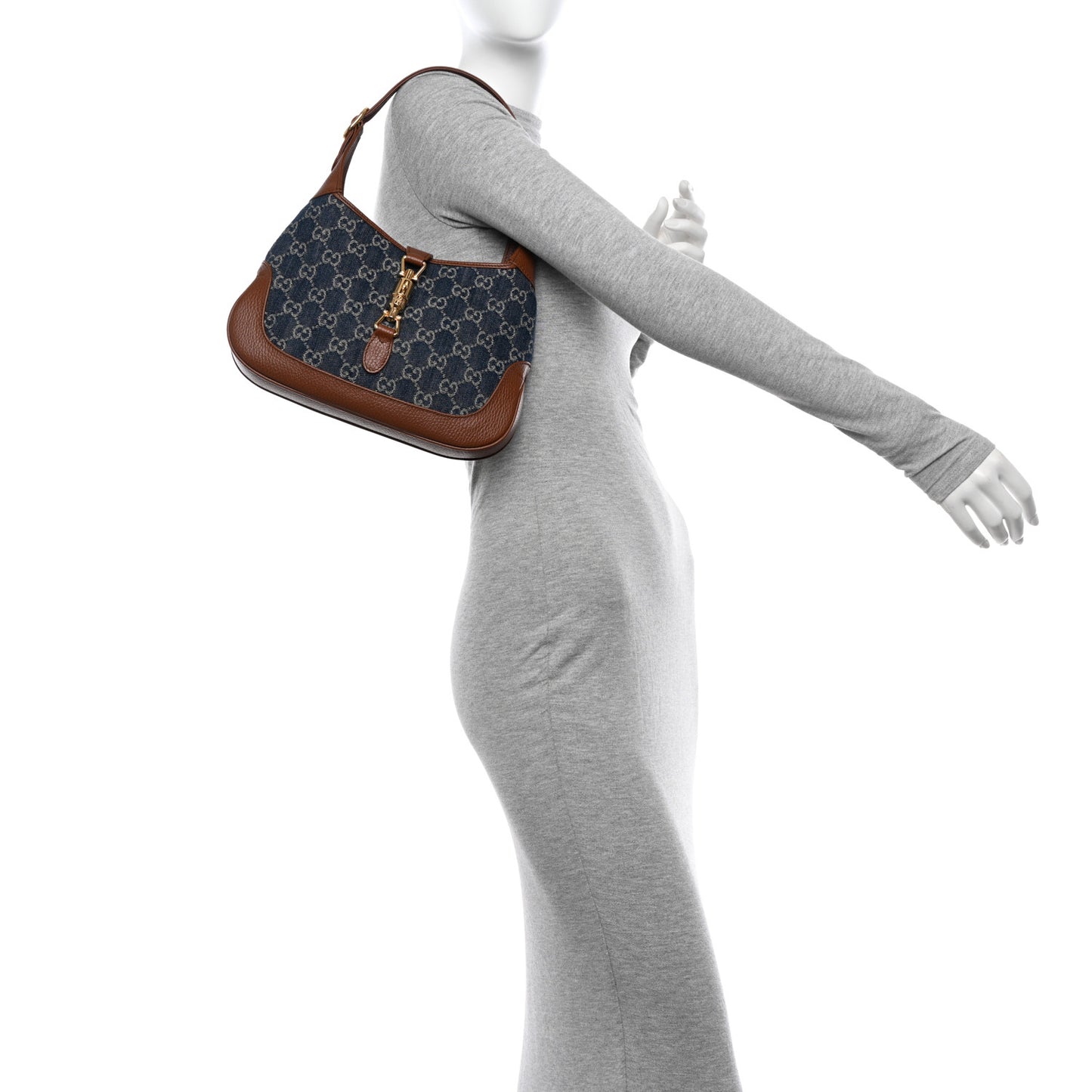 New Denim GG Monogram Calfskin Small Jackie 1961 Hobo Blue Tea Cuir