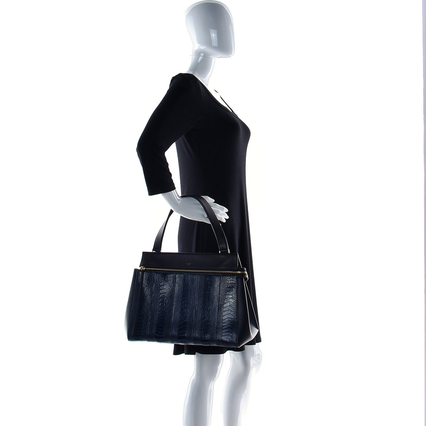 Smooth Calfskin Ostrich Leg Medium Edge Shoulder Bag Black