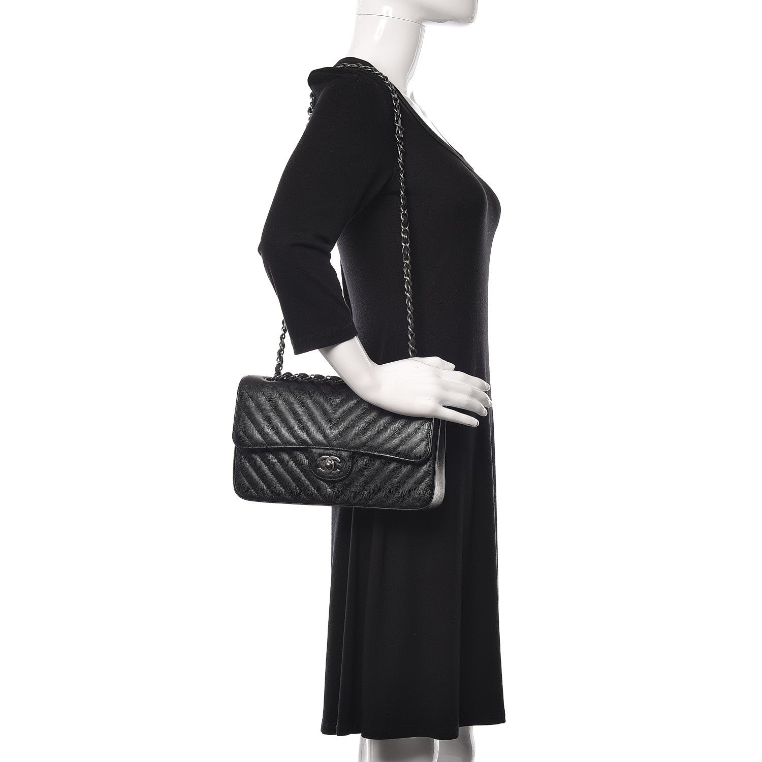 Chanel Iridescent Caviar Chevron Quilted Medium Double Flap Black 2 of 12
