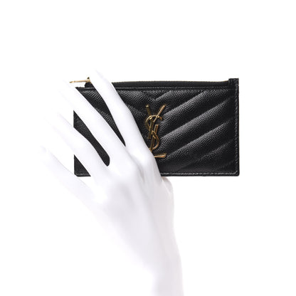Saint Laurent Grain De Poudre Matelasse Chevron Monogram Fragments Zippered Card Case Coal 2 of 7