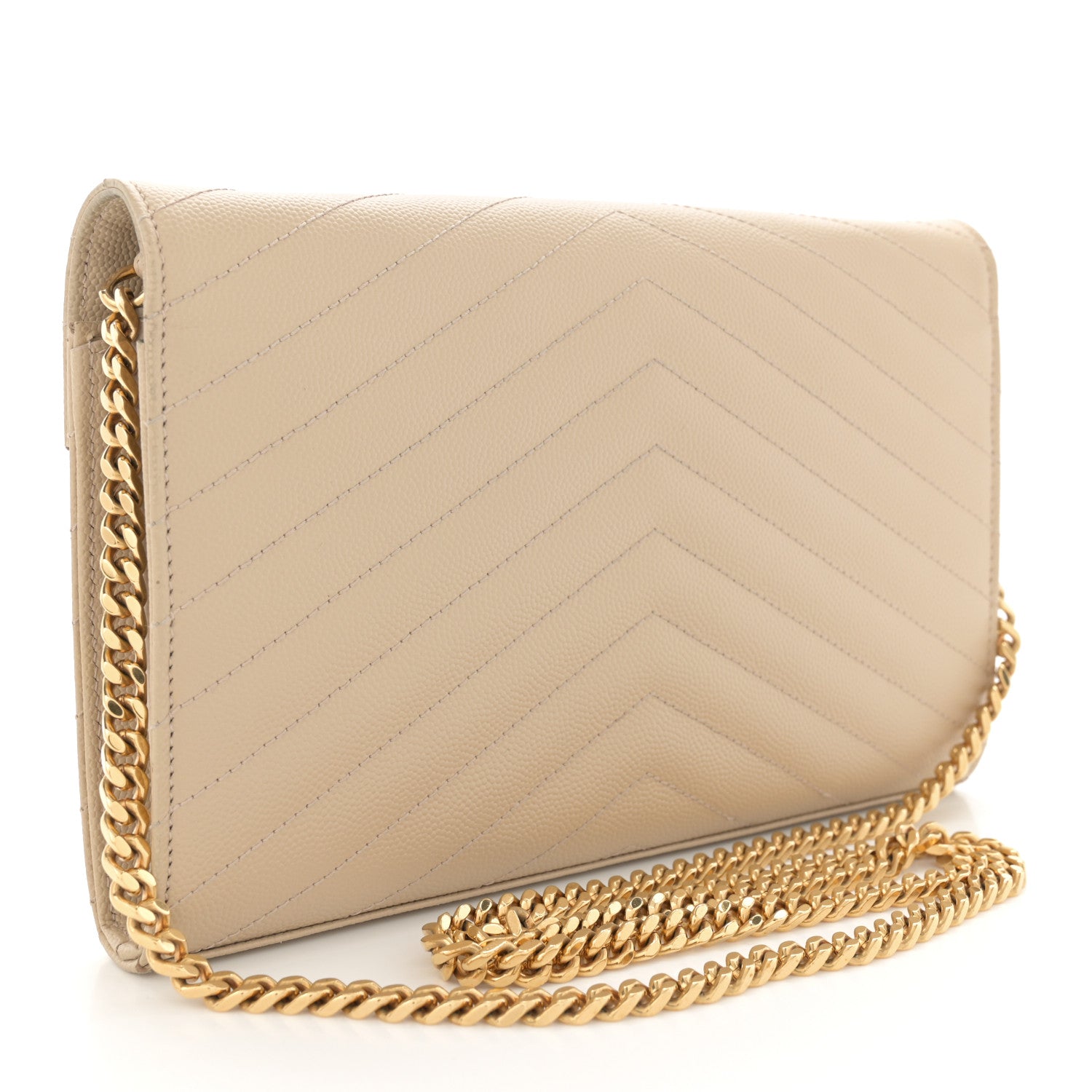 Saint Laurent Grain De Poudre Matelasse Chevron Monogram Chain Wallet Dark Beige 3 of 17