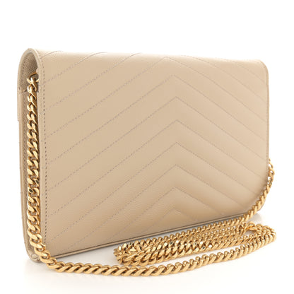 Saint Laurent Grain De Poudre Matelasse Chevron Monogram Chain Wallet Dark Beige 3 of 17