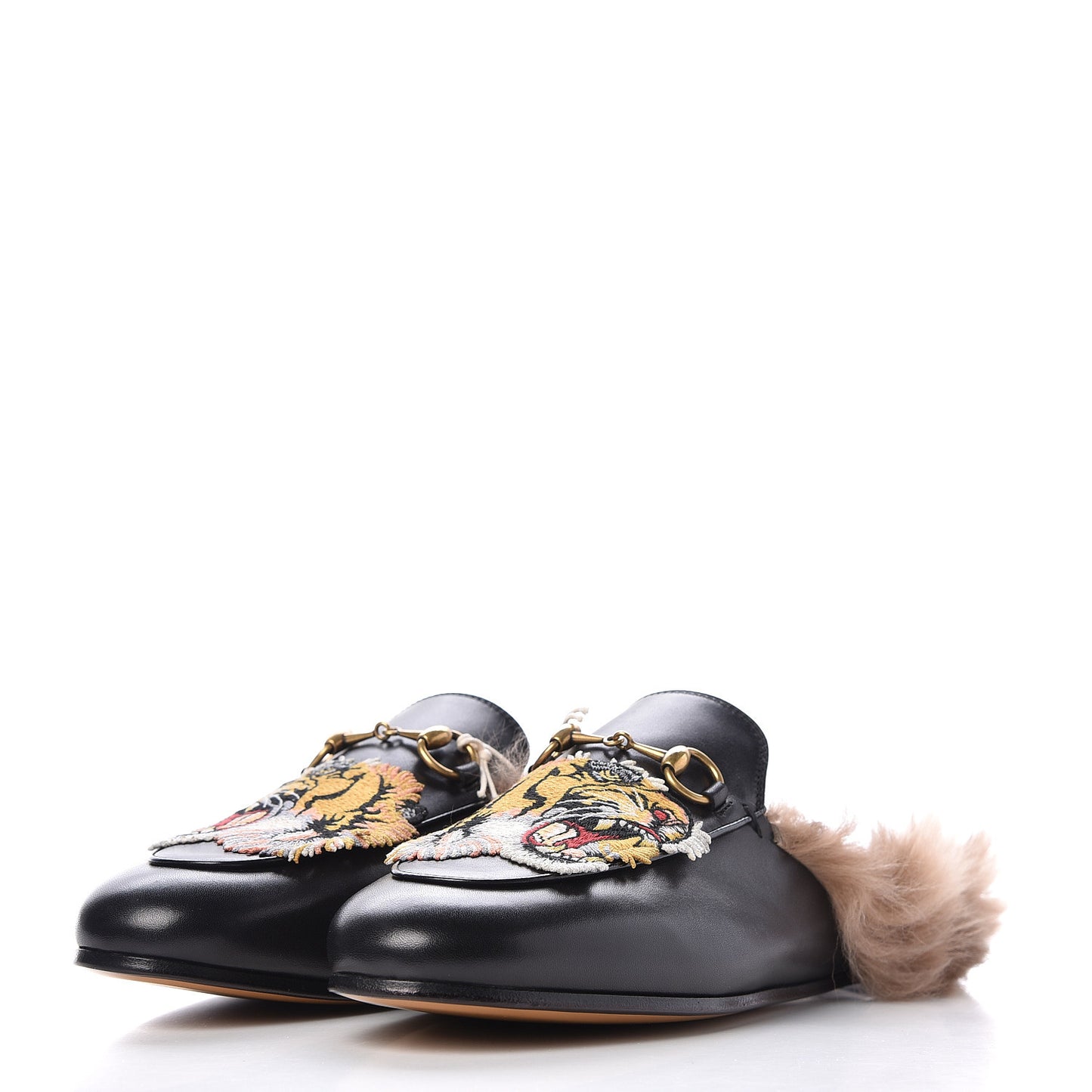 Calfskin Fur Tiger Embroidered Womens Princetown Slippers 37 Black