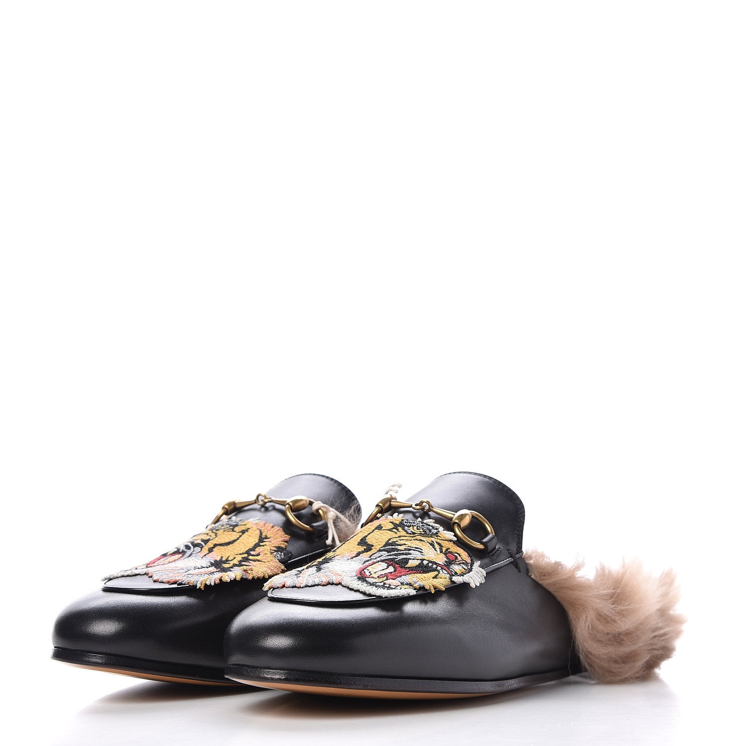 Gucci Calfskin Fur Tiger Embroidered Womens Princetown Slippers 37 Black 3 of 9