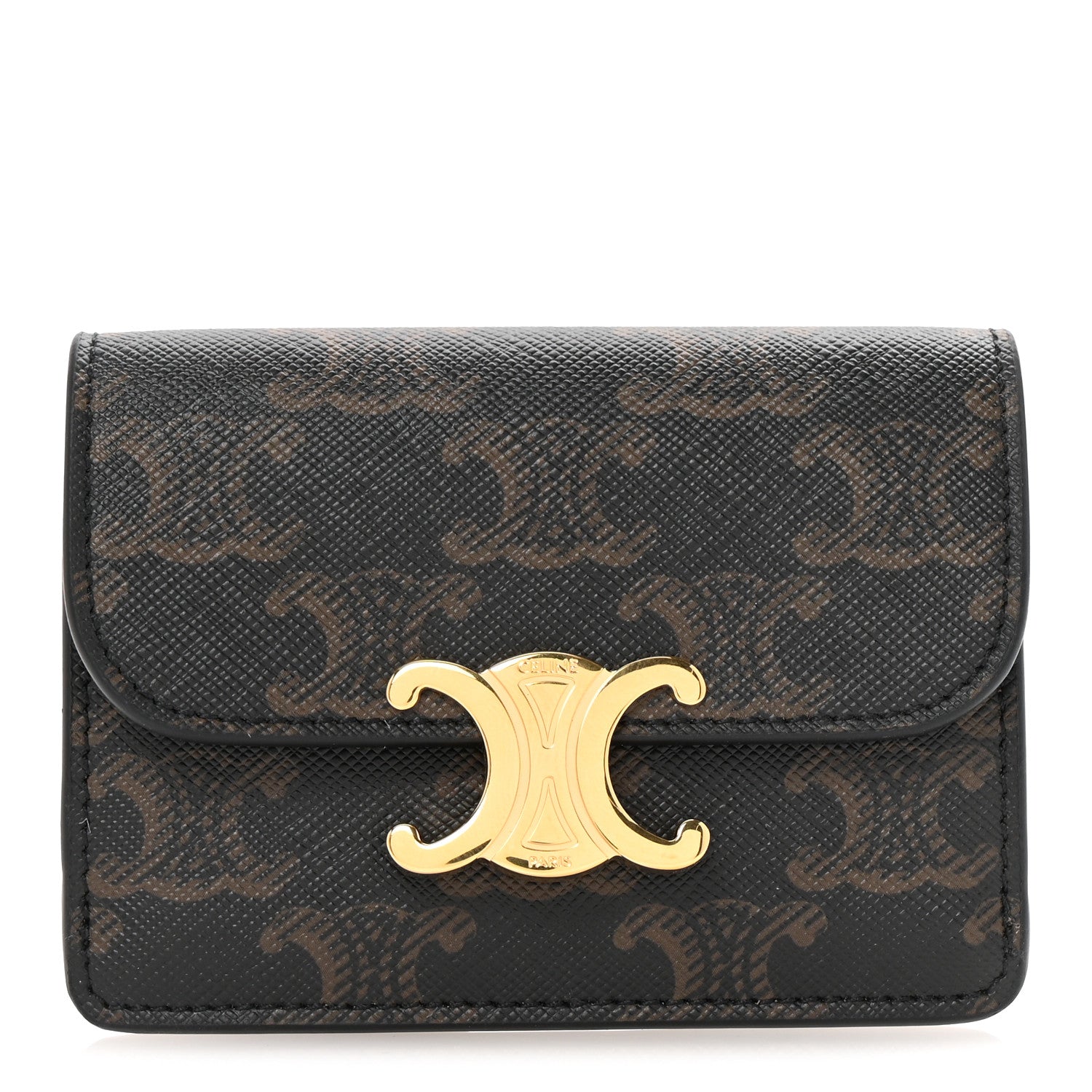 Celine Triomphe Canvas Calfskin Flap Card Holder Tan 1 of 8