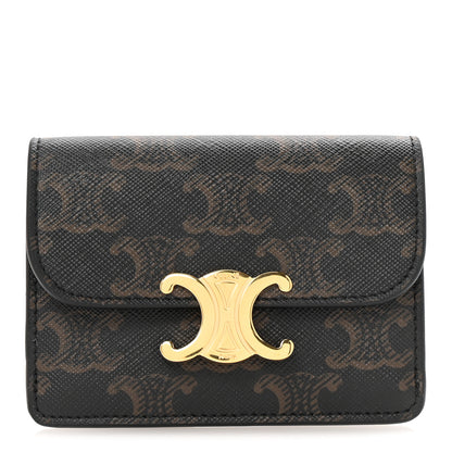 Celine Triomphe Canvas Calfskin Flap Card Holder Tan 1 of 8