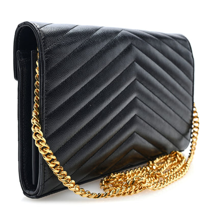 Saint Laurent Grain De Poudre Matelasse Chevron Monogram Chain Wallet Black 3 of 9