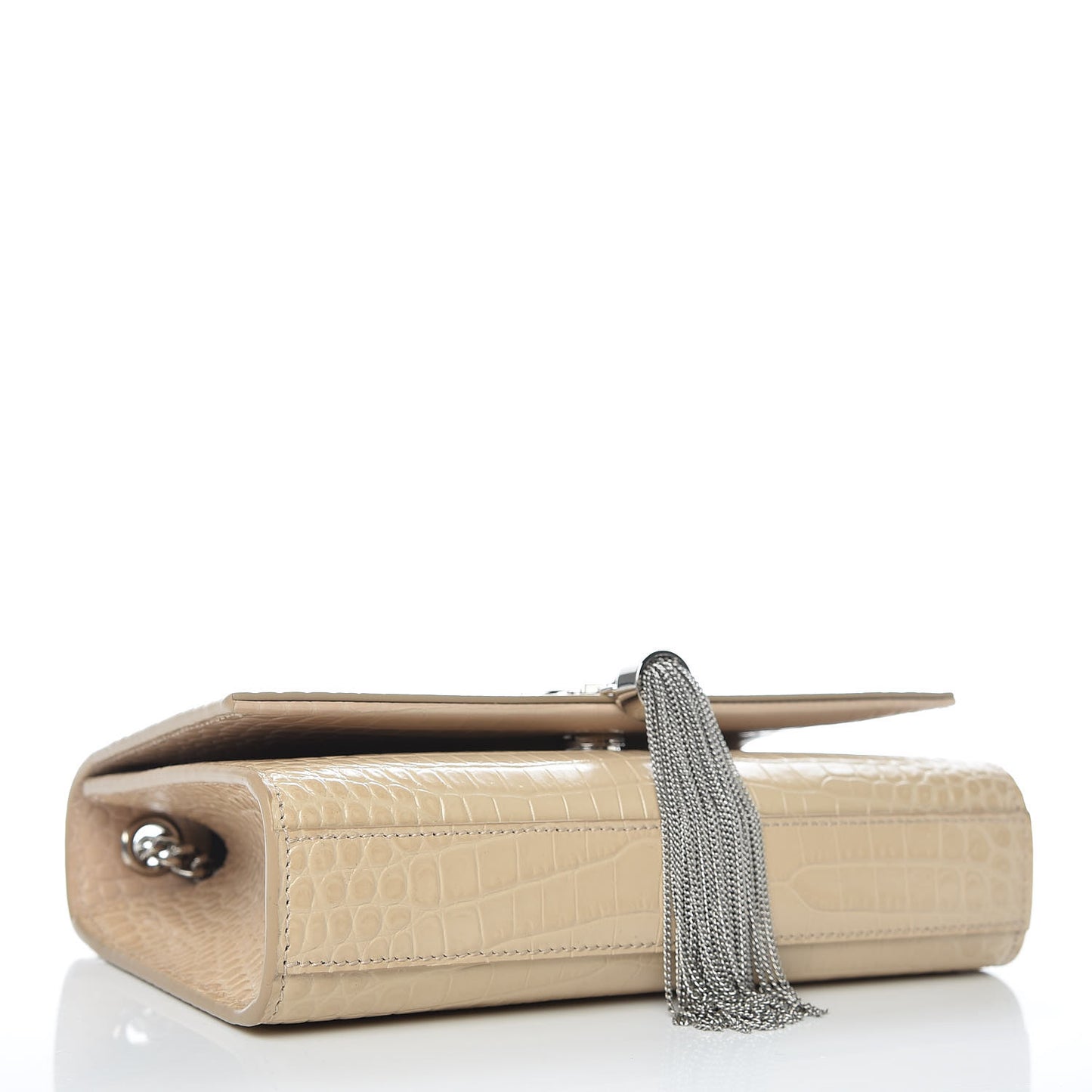 Croc Calfskin Embossed Small Classic Monogram Kate Tassel Satchel Beige