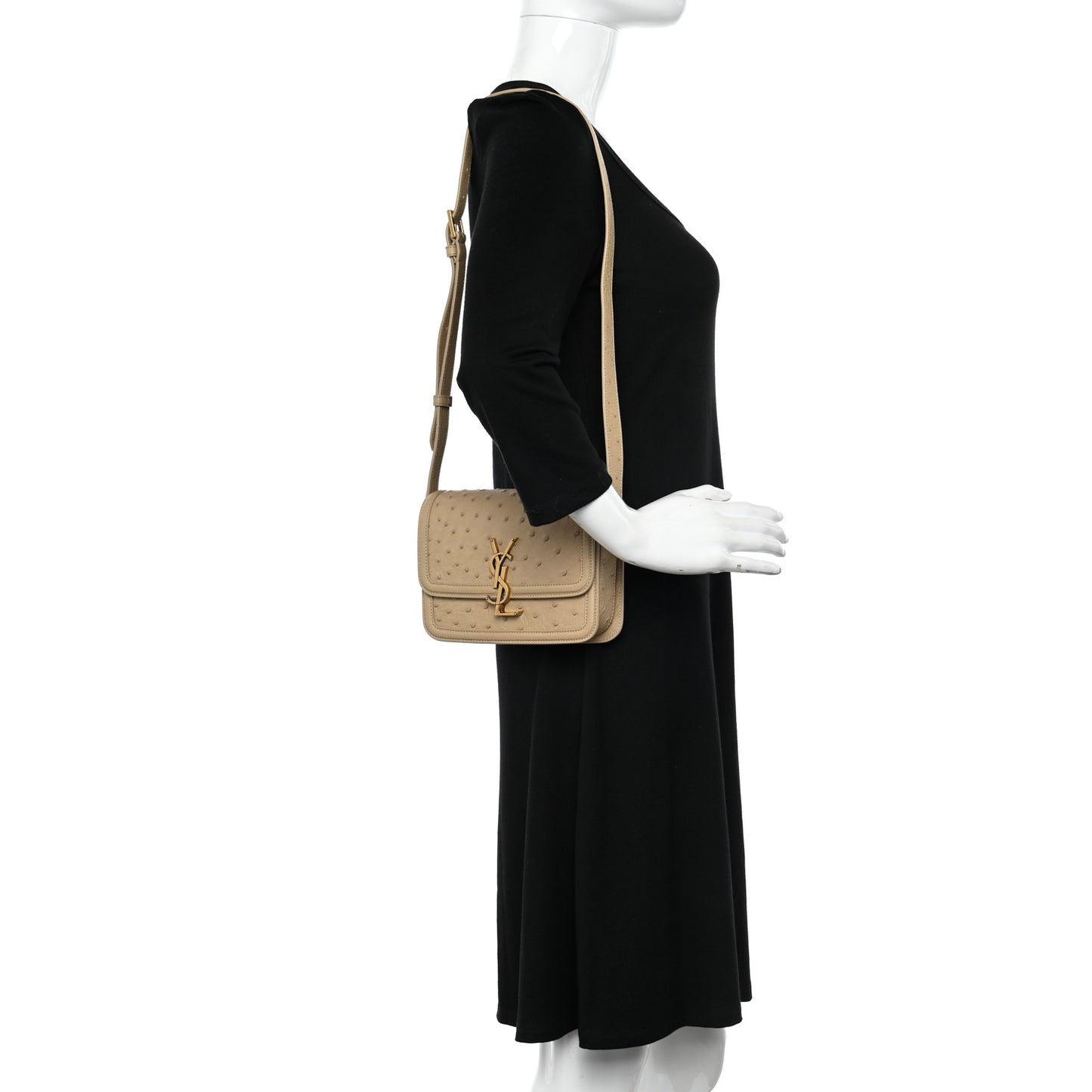 Ostrich Small Solferino Satchel Beige Gold