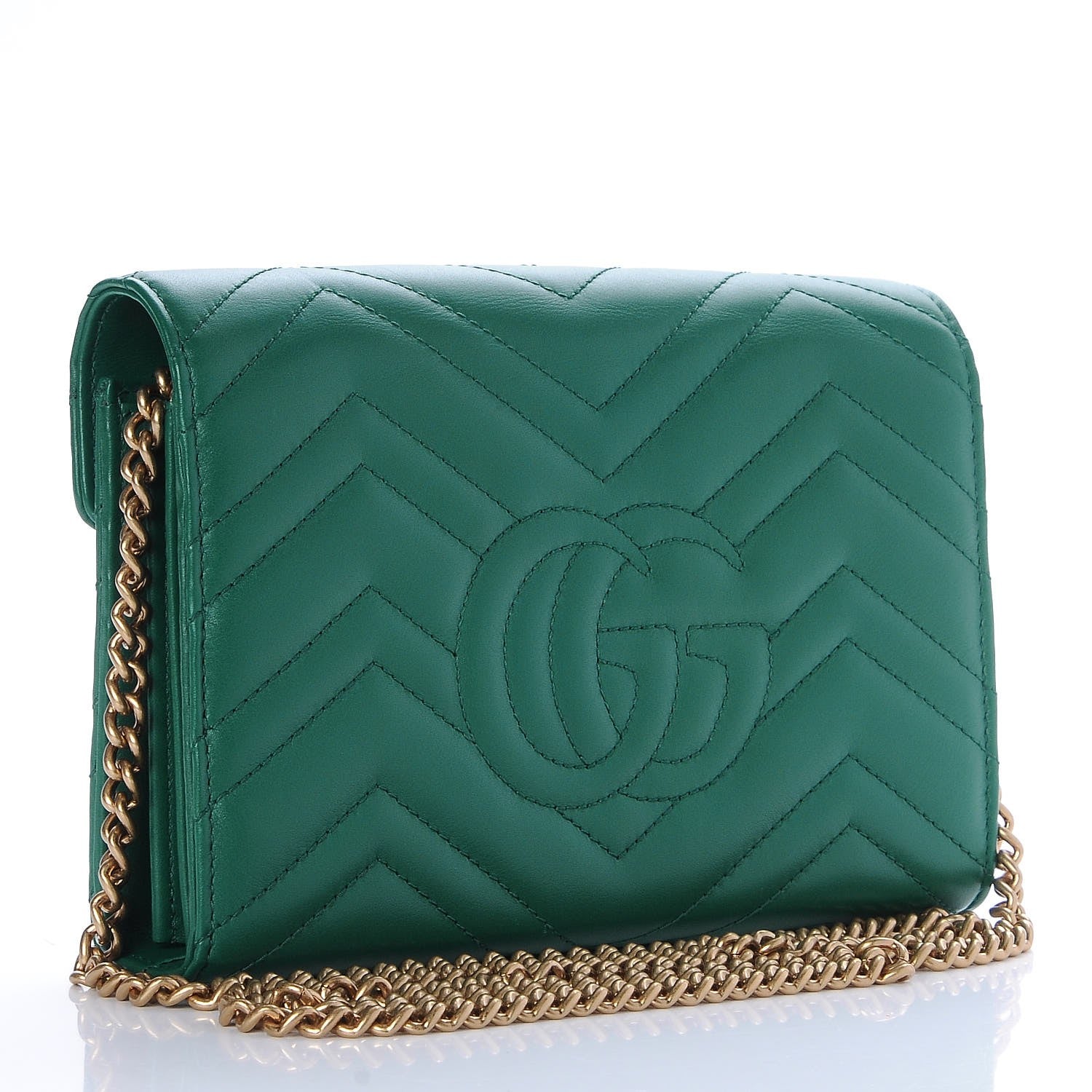 Gucci Calfskin Matelasse GG Marmont Chain Wallet Emerald Green 3 of 7