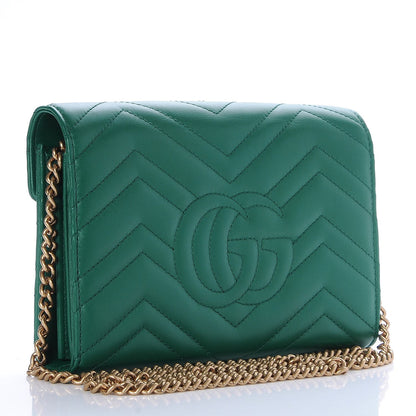Gucci Calfskin Matelasse GG Marmont Chain Wallet Emerald Green 3 of 7