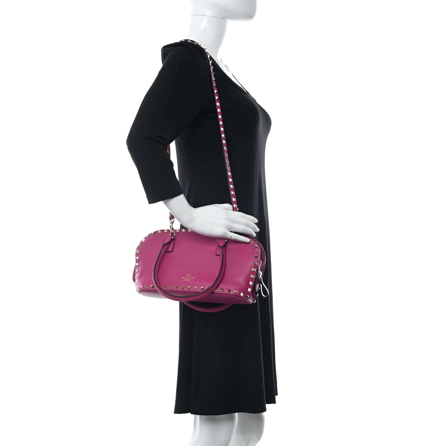 Vitello Rockstud Double Top Handle Satchel Fuxia