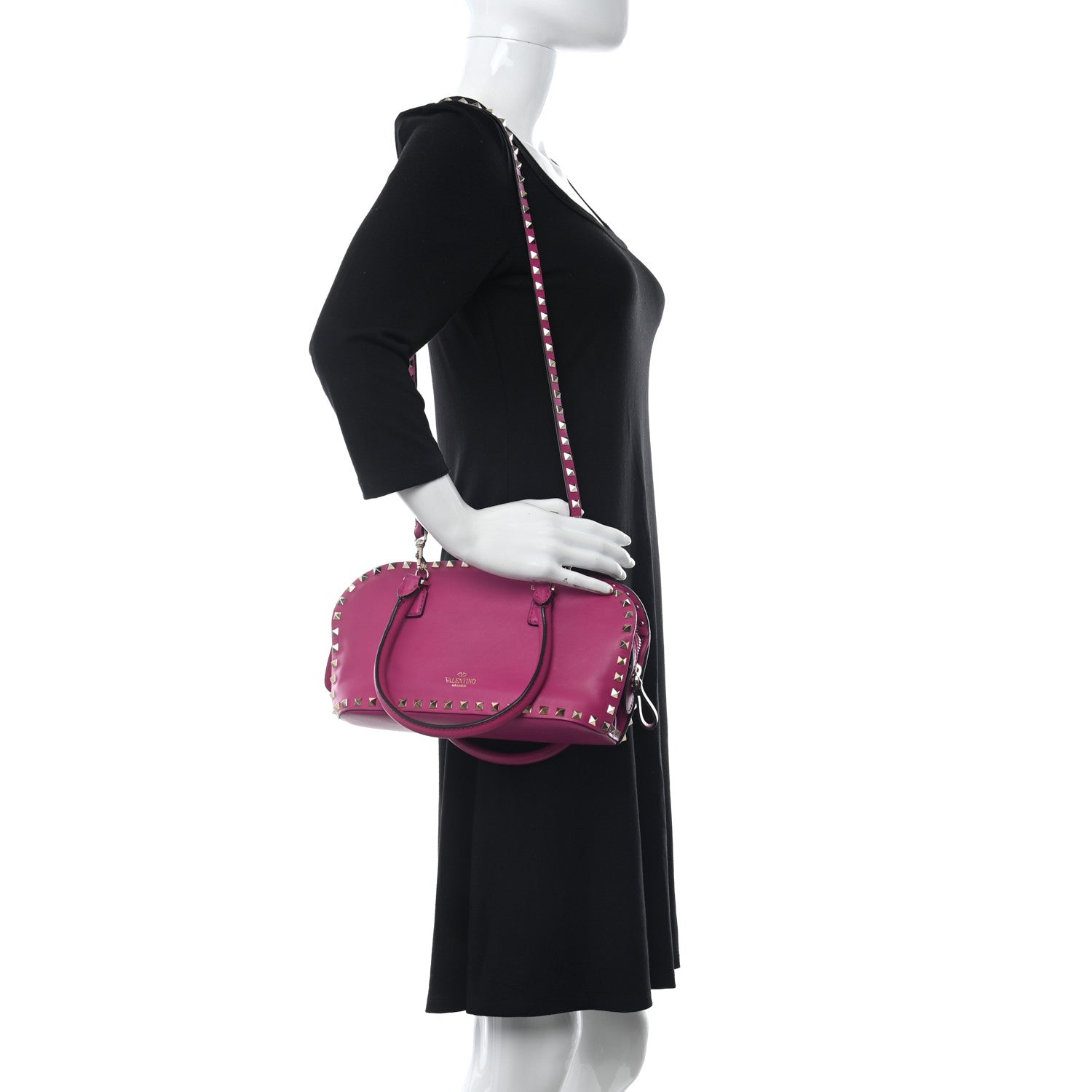 Valentino Garavani Vitello Rockstud Double Top Handle Satchel Fuxia 2 of 11