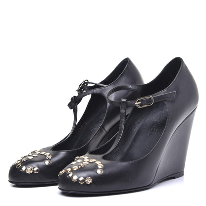 Chanel Lambskin Studded CC T-Strap Wedges 38 Black 4 of 12