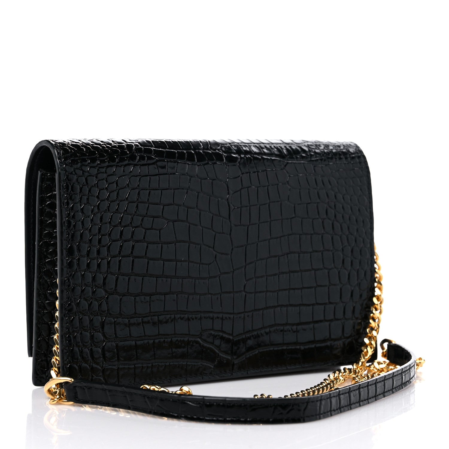 Saint Laurent Calfskin Crocodile Embossed Kate Monogram Tassel Chain Wallet Black 3 of 8