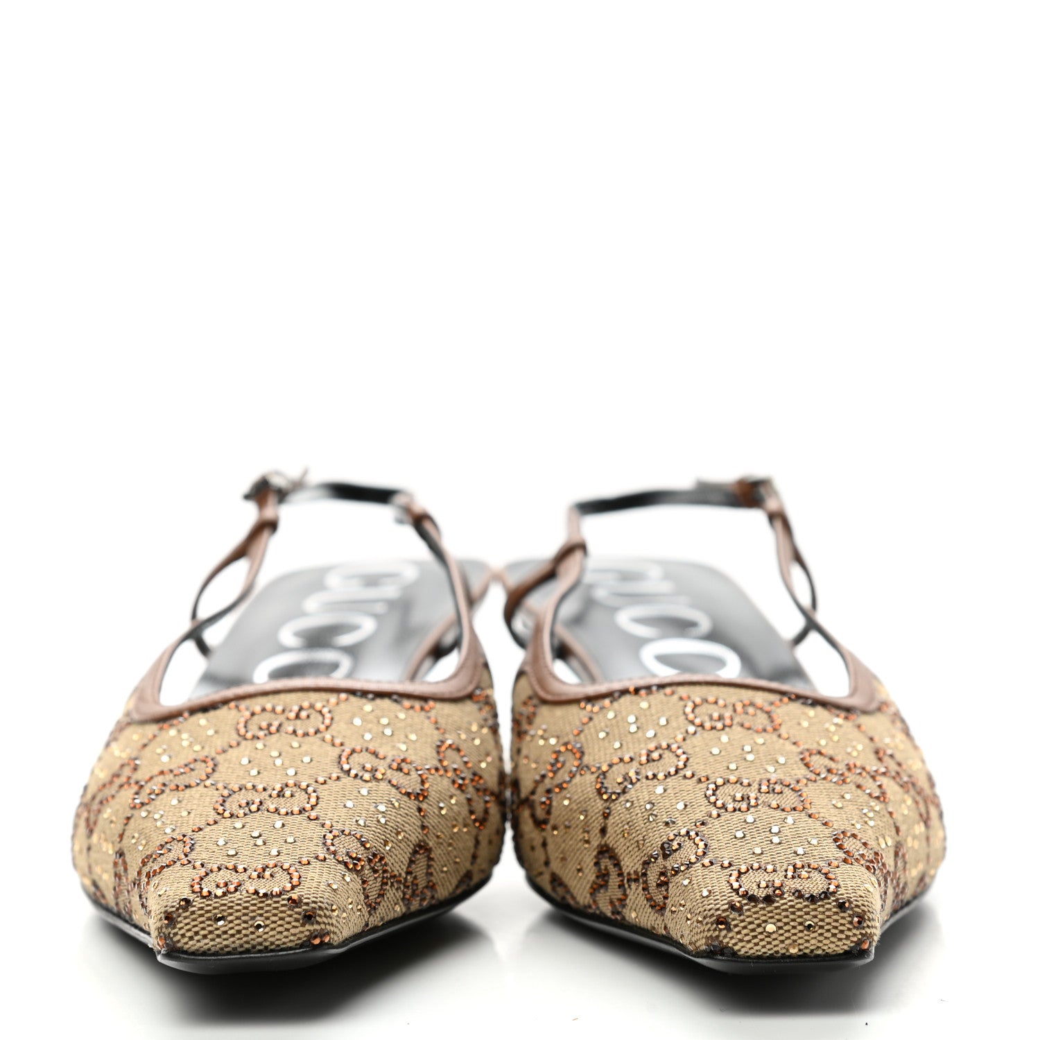 Gucci GG Monogram Malaga Kid Crystal Square G 35mm Slingback Pumps 40 Camel Ebony Cuir 2 of 8
