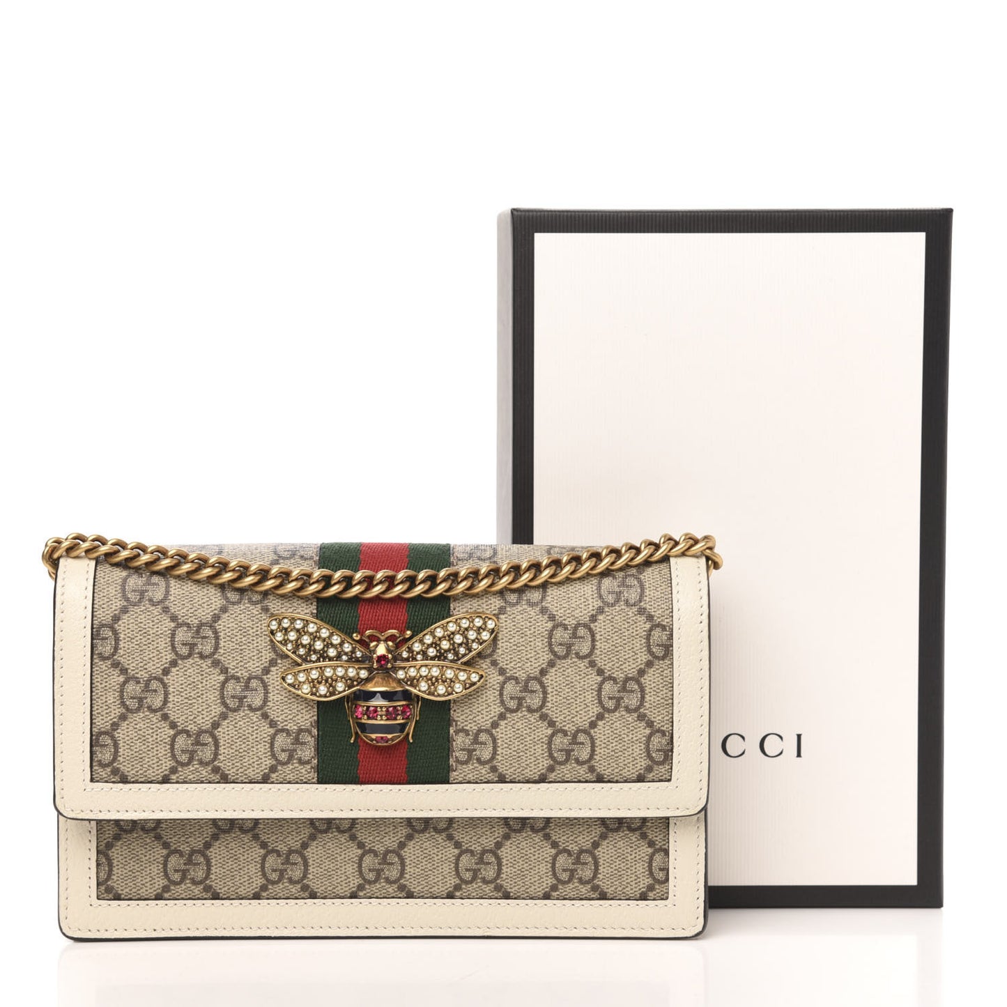 GG Supreme Monogram Web Queen Margaret Chain Wallet White