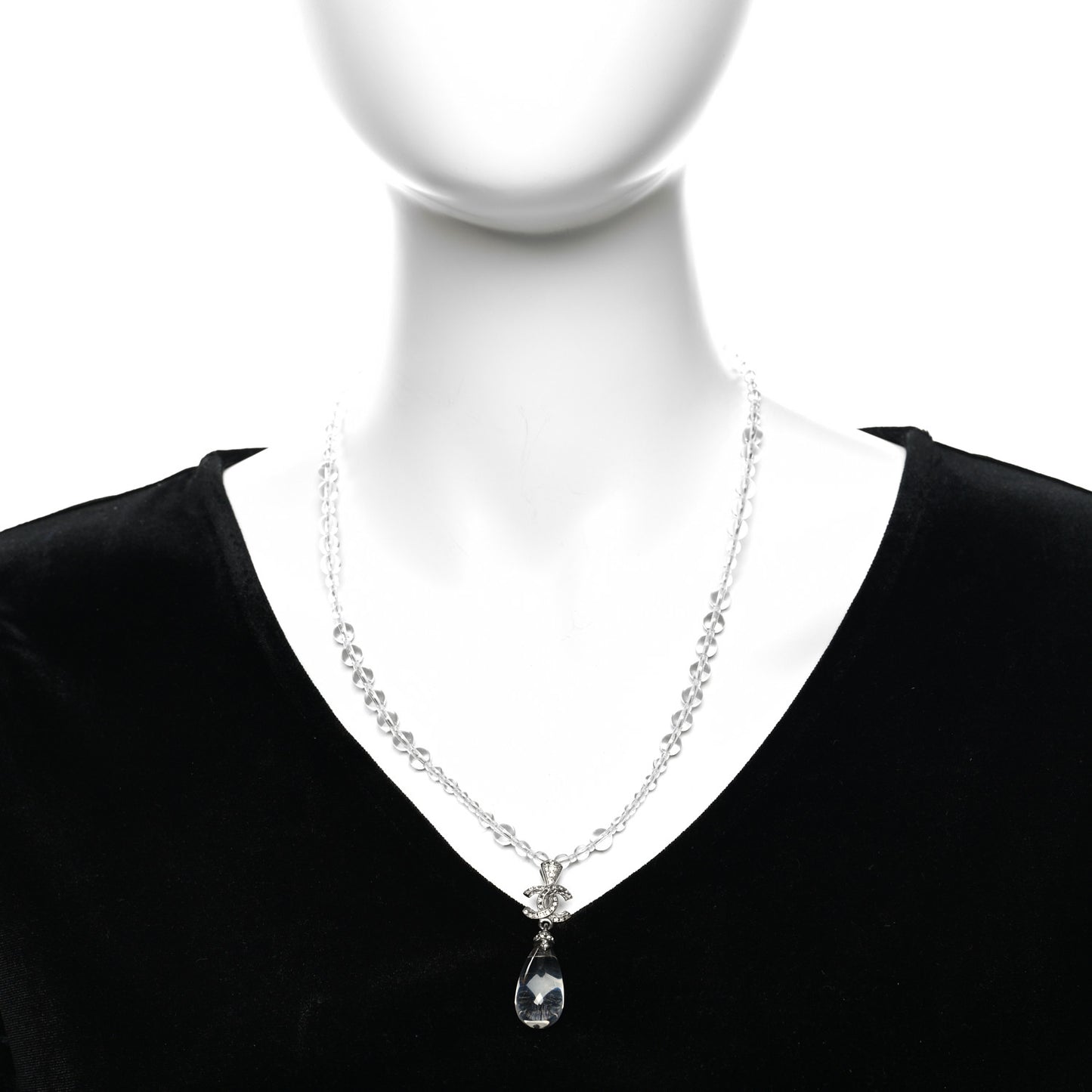 Crystal Bead CC Drop Necklace Silver