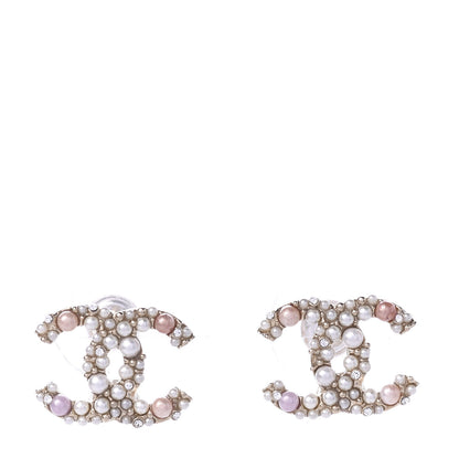 Chanel Pearl Crystal CC Charms Stud Earrings Light Gold Pink 1 of 6