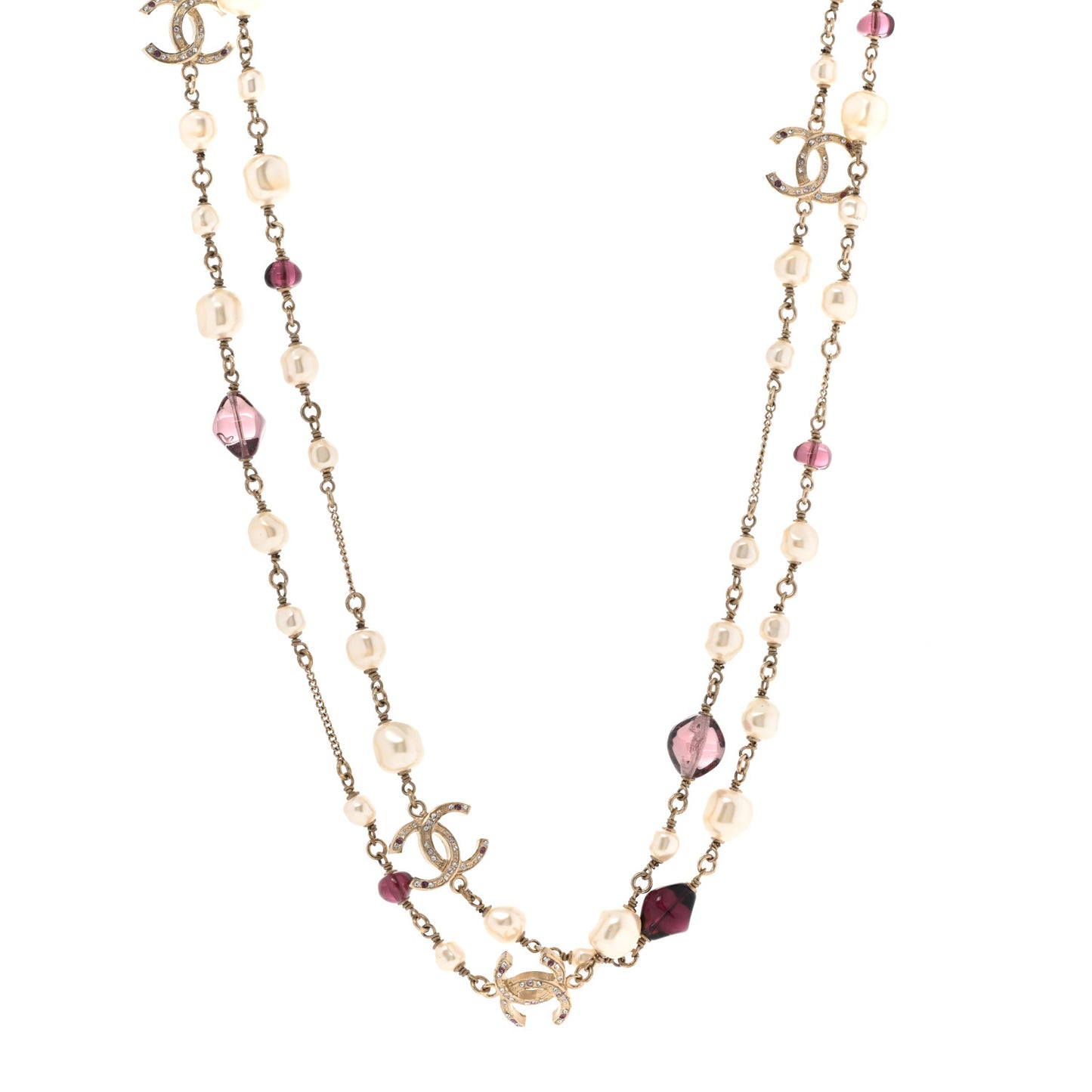 Beaded Pearl Crystal CC Long Strand Necklace Gold Purple