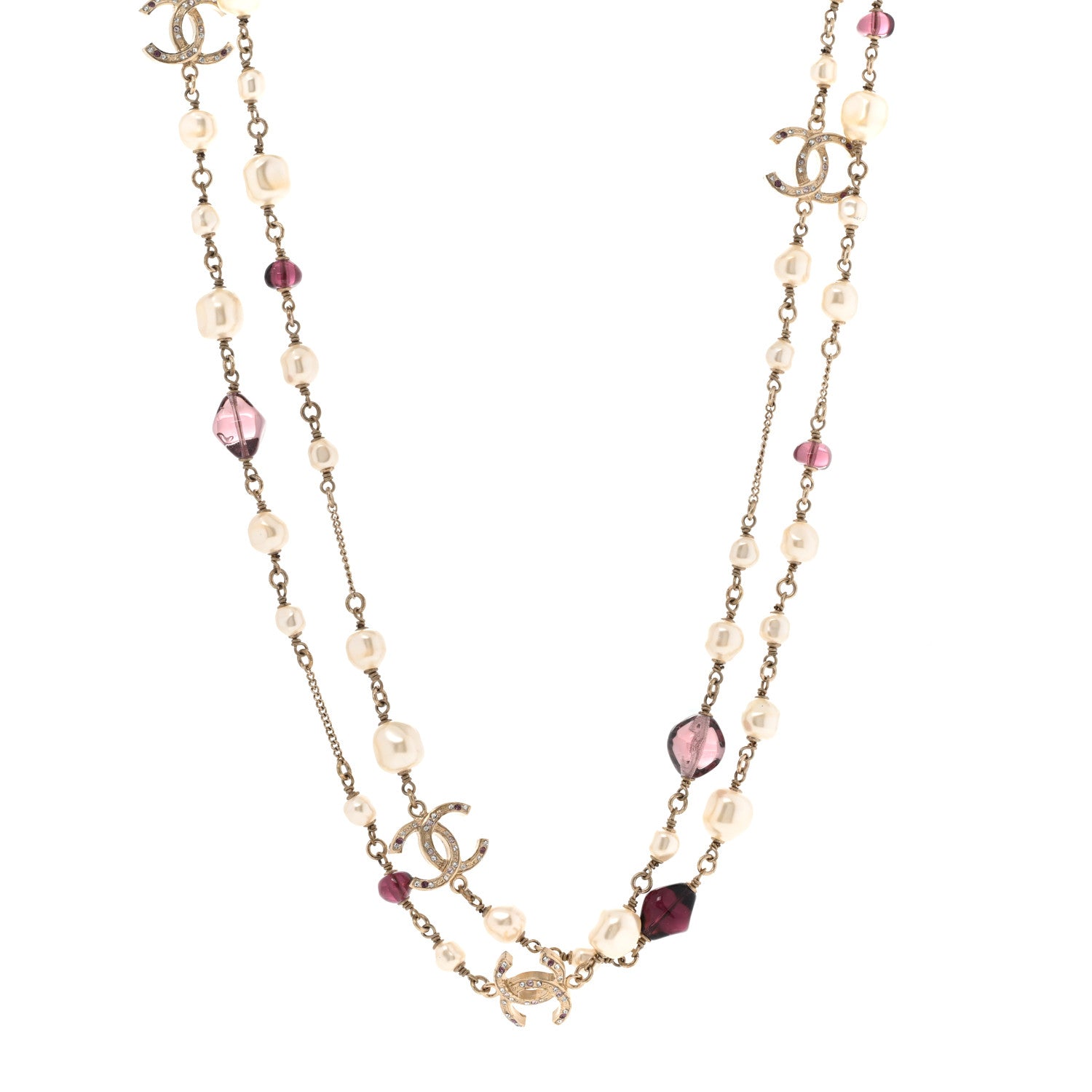 Chanel Beaded Pearl Crystal CC Long Strand Necklace Gold Purple 1 of 9