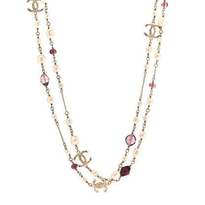 Chanel Beaded Pearl Crystal CC Long Strand Necklace Gold Purple 1 of 9
