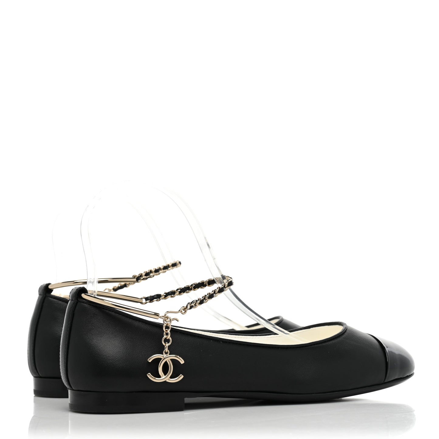 Lambskin Patent Calfskin Cap Toe Ankle Chain Ballerina Flats 37.5 Black