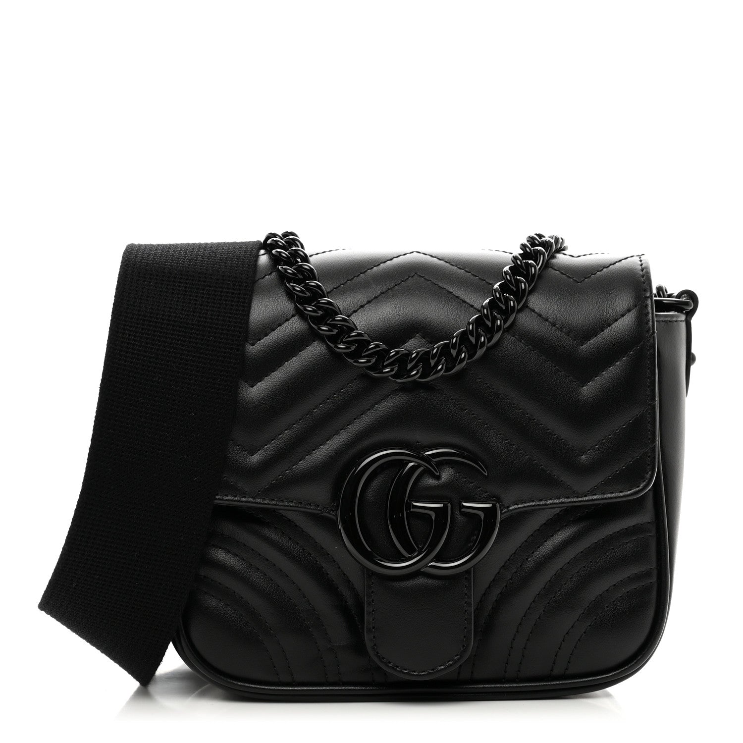 Gucci Calfskin Matelasse Monochrome Mini GG Marmont Crossbody Shoulder Bag Black 1 of 9