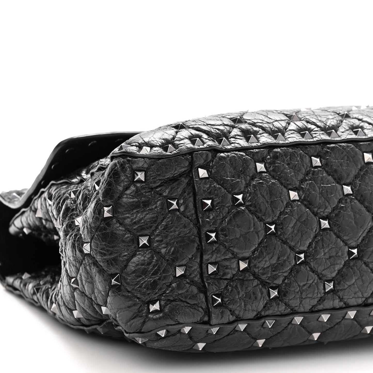 Craquele Nappa Large Rockstud Spike Shoulder Bag Black