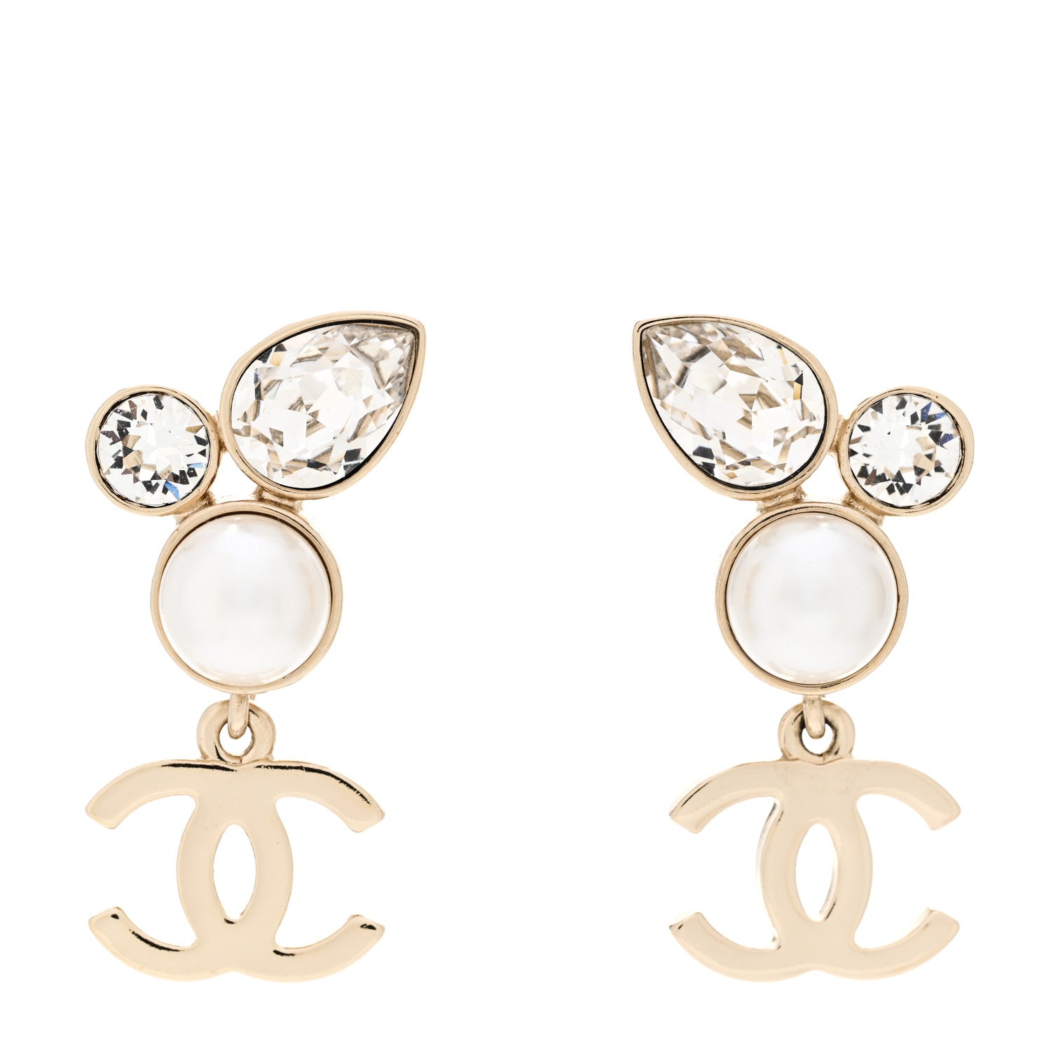 Chanel Pearl Crystal CC Drop Earrings Gold 1 of 6