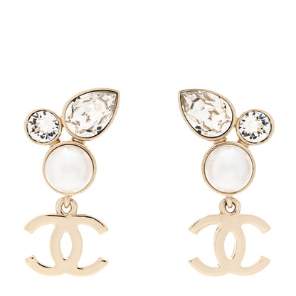 Chanel Pearl Crystal CC Drop Earrings Gold 1 of 6