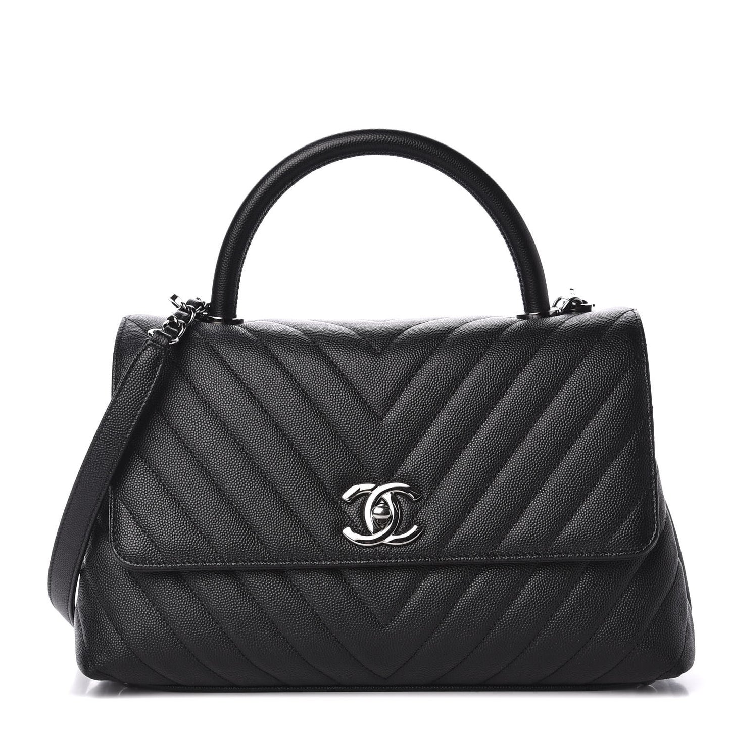 Caviar Chevron Quilted Small Coco Handle Flap Black
