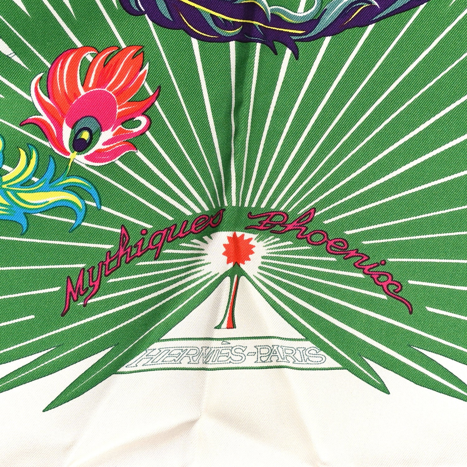 Hermes Silk Mythiques Phoenix Coloriage Scarf 90 Blanc Vert Rouge 2 of 4