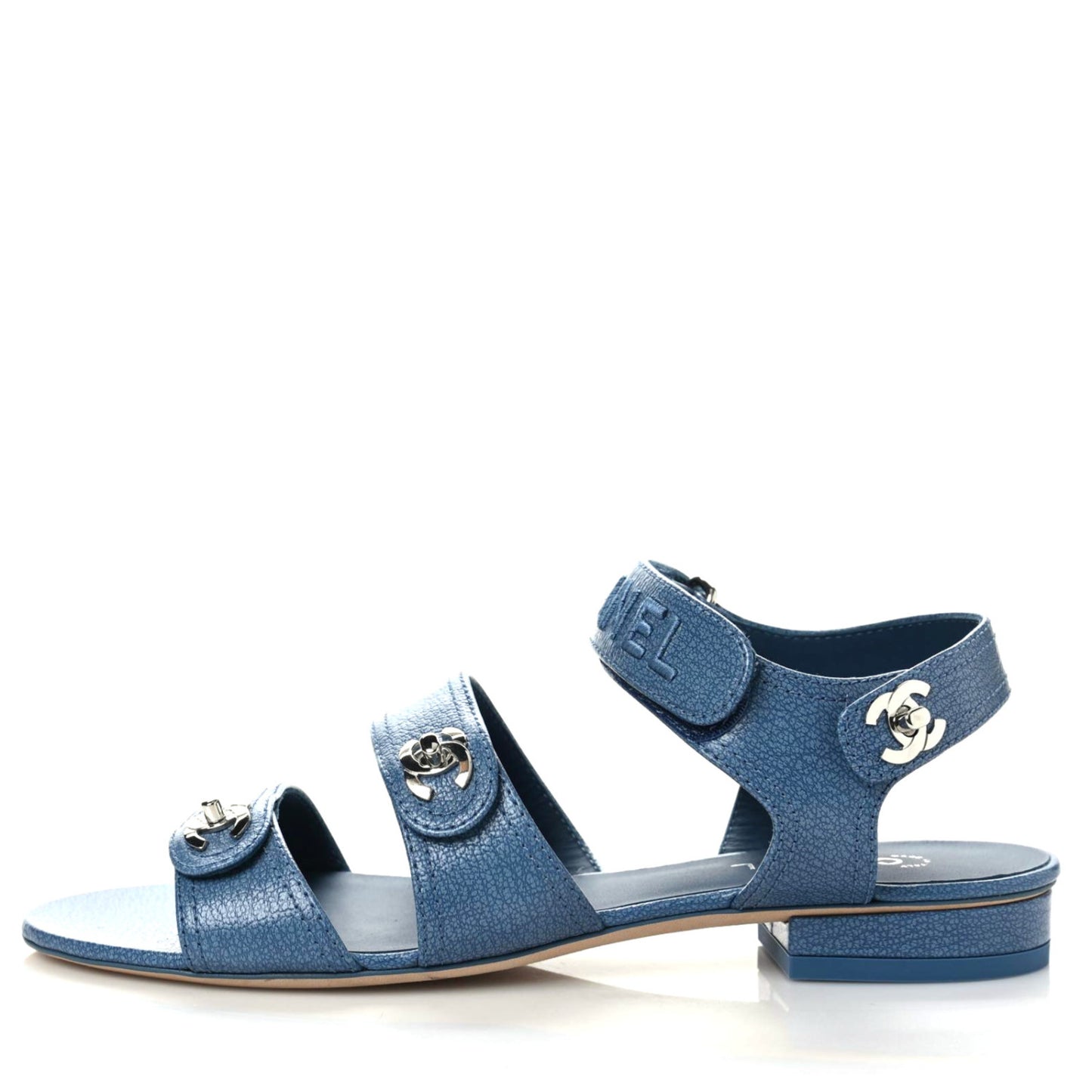 Iridescent Calfskin Logo CC Turnlock Sandals 37.5 Blue